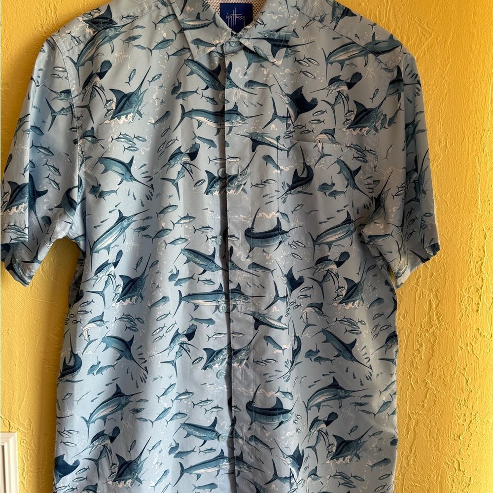 Guy‎ Harvey Shirt Mens Sm Blue Fish Print Button Up Short Sleeve Coastal Resort